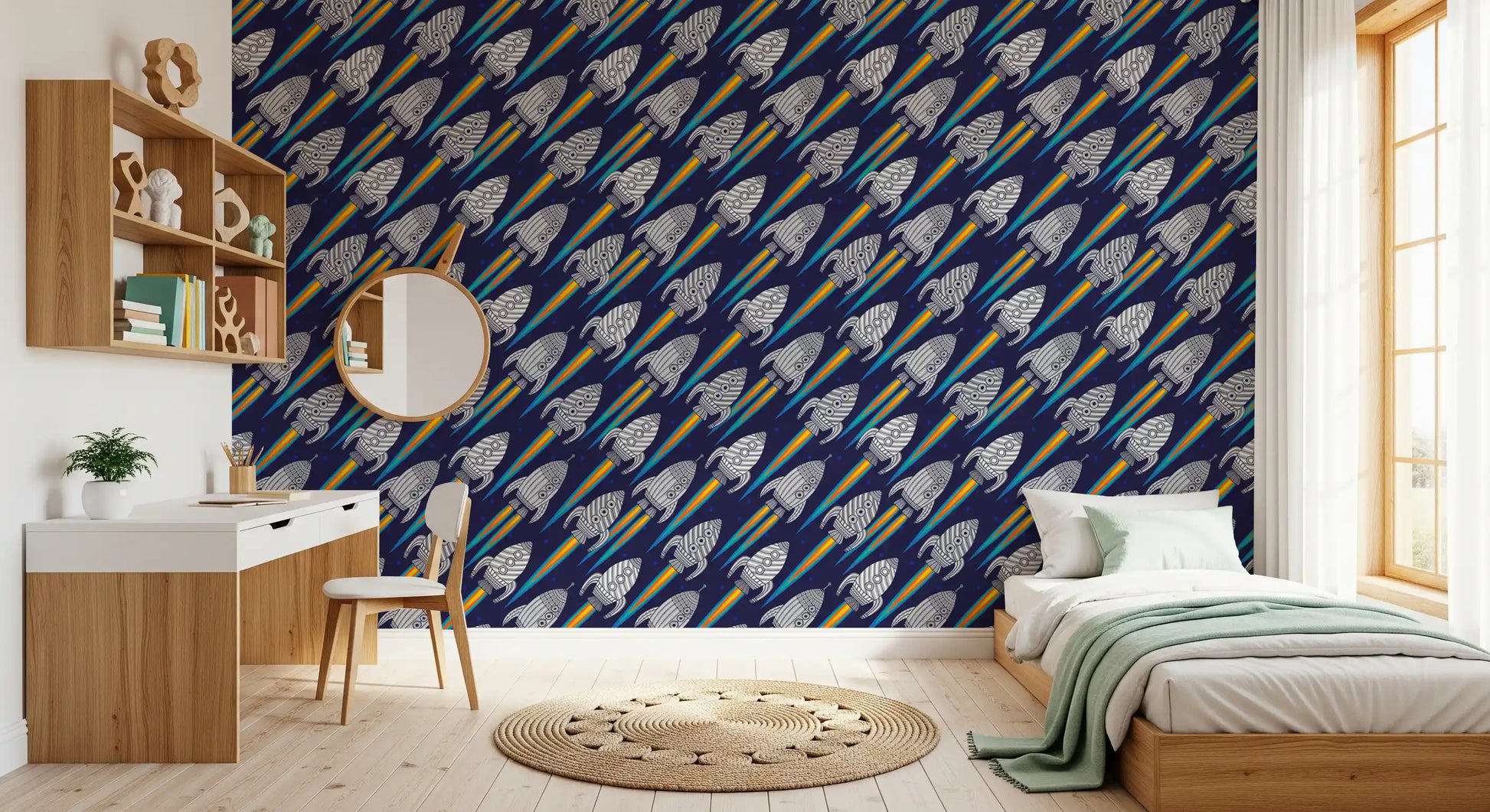 Graphic rocket wallpaper with repeated spaceship pattern in motion