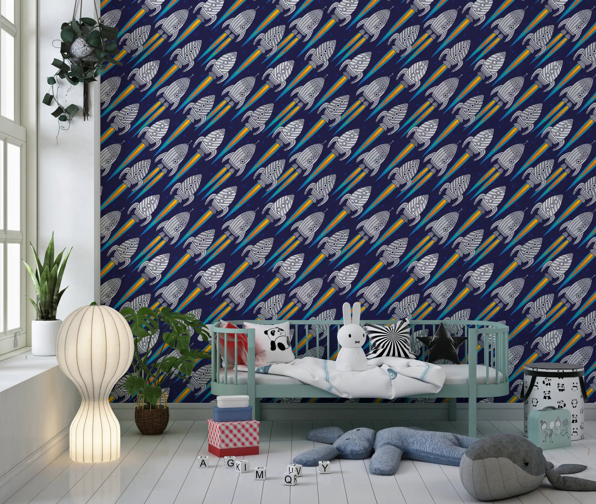Kids themed space wallpaper with rockets and vibrant trail effects
