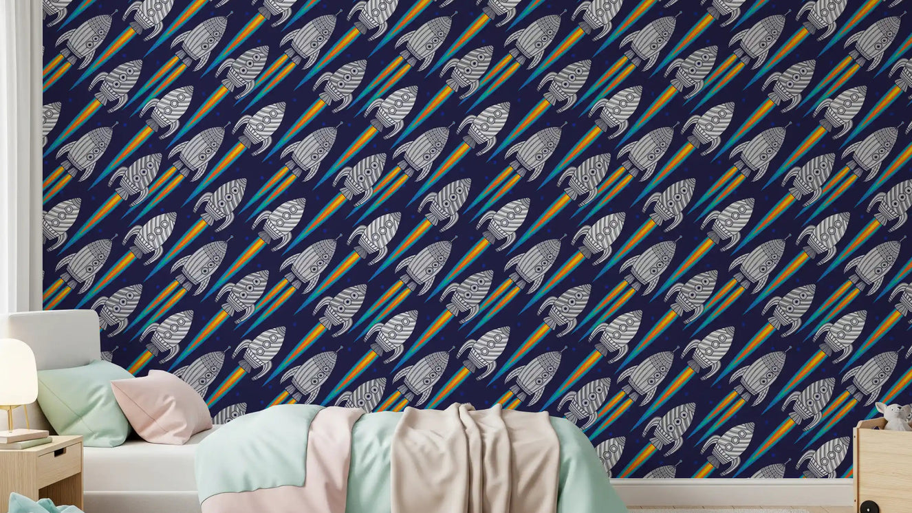 Kids room with Blast Off rockets wallpaper and rainbow space trails
