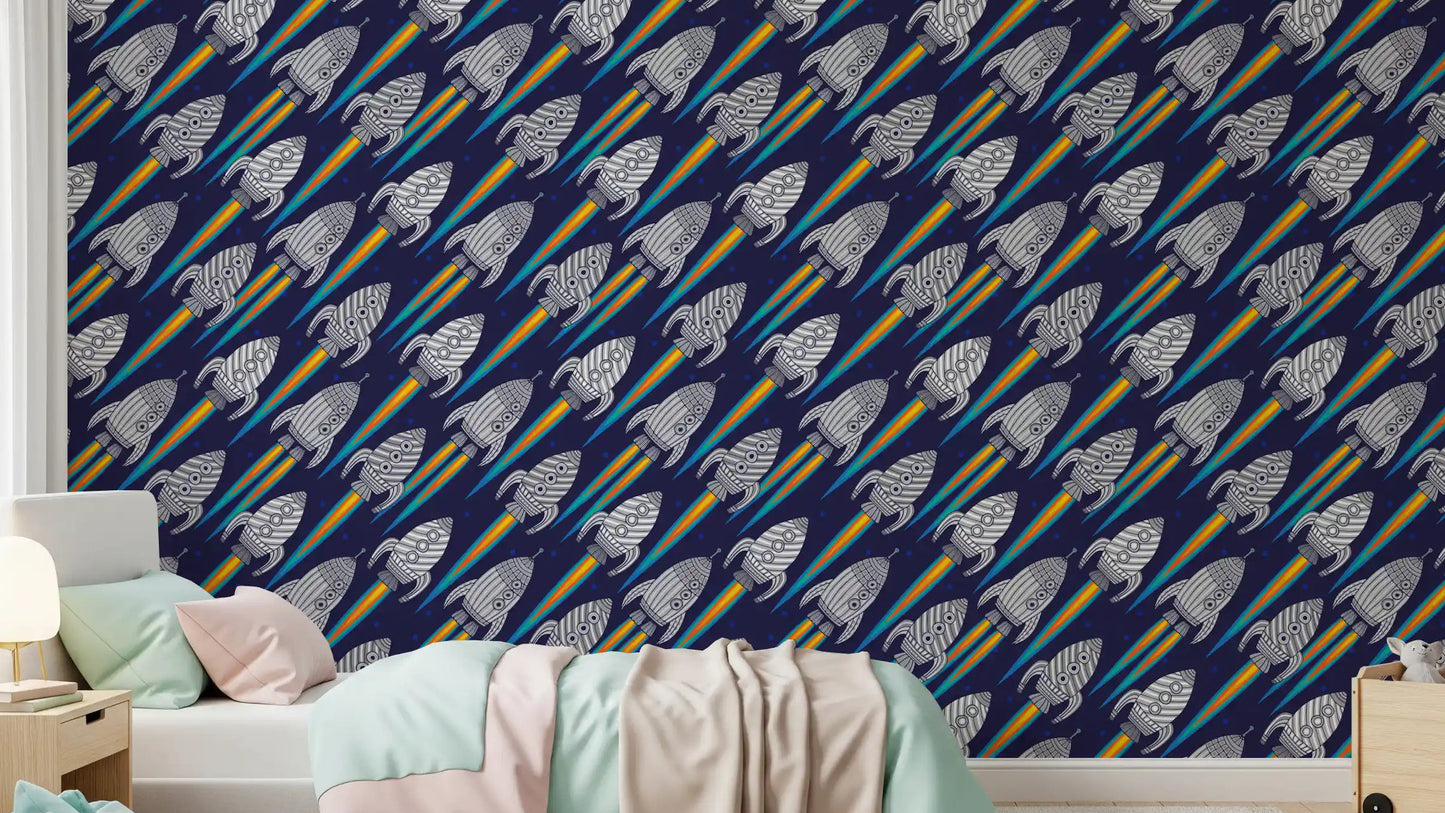 Kids room with Blast Off rockets wallpaper and rainbow space trails
