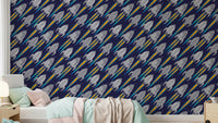 Kids room with Blast Off rockets wallpaper and rainbow space trails
