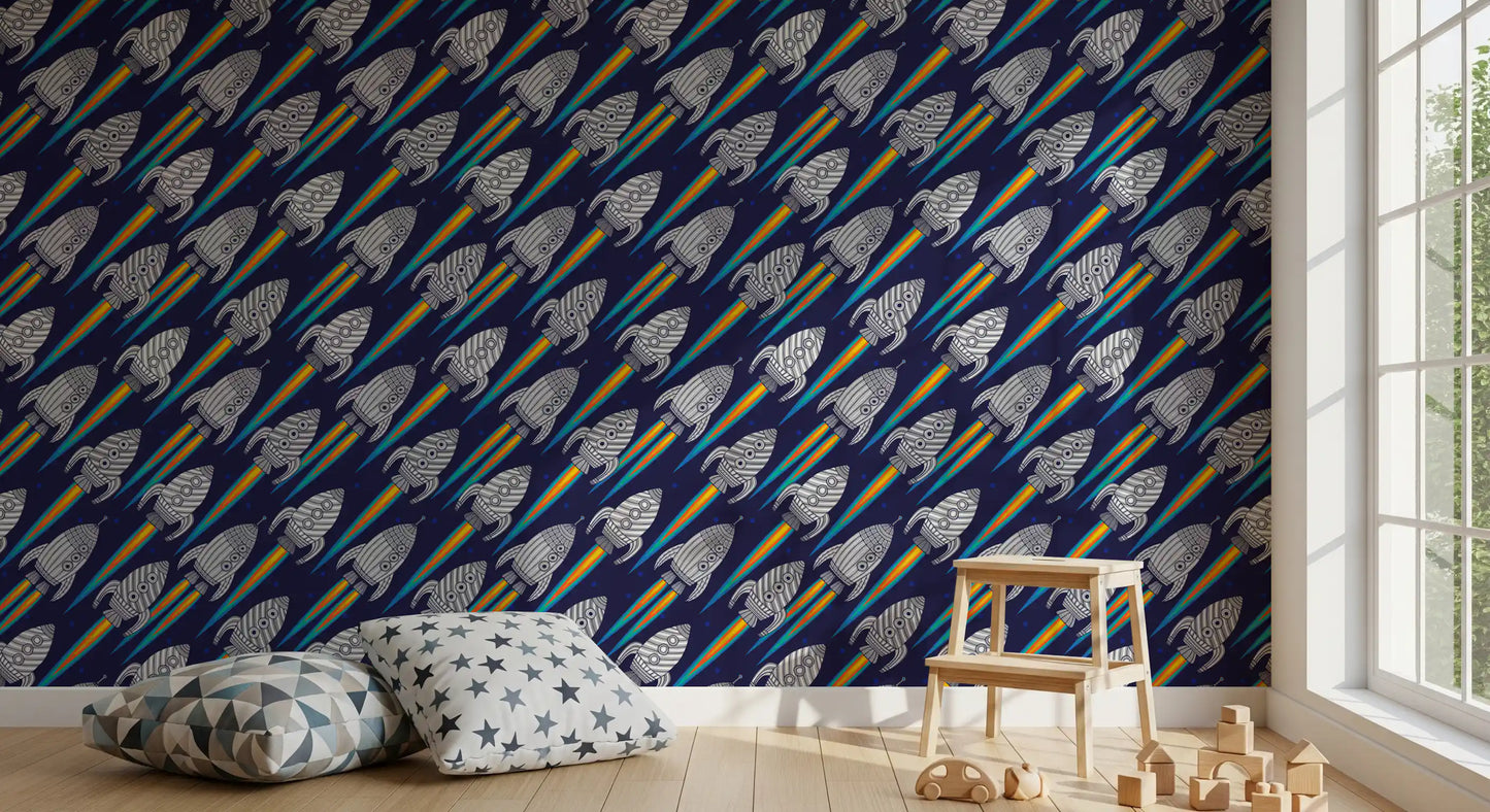 Creative wall using Blast Off rockets wallpaper with bold space design