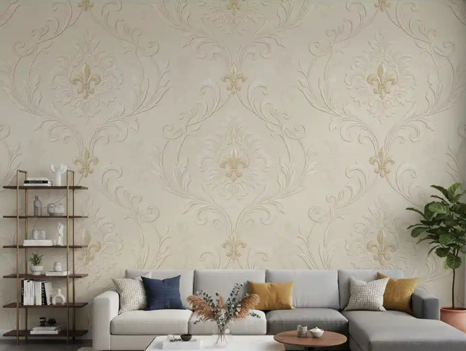 Living room styled with Regal scrollwork mural in beige damask tones