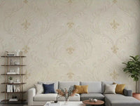Living room styled with Regal scrollwork mural in beige damask tones