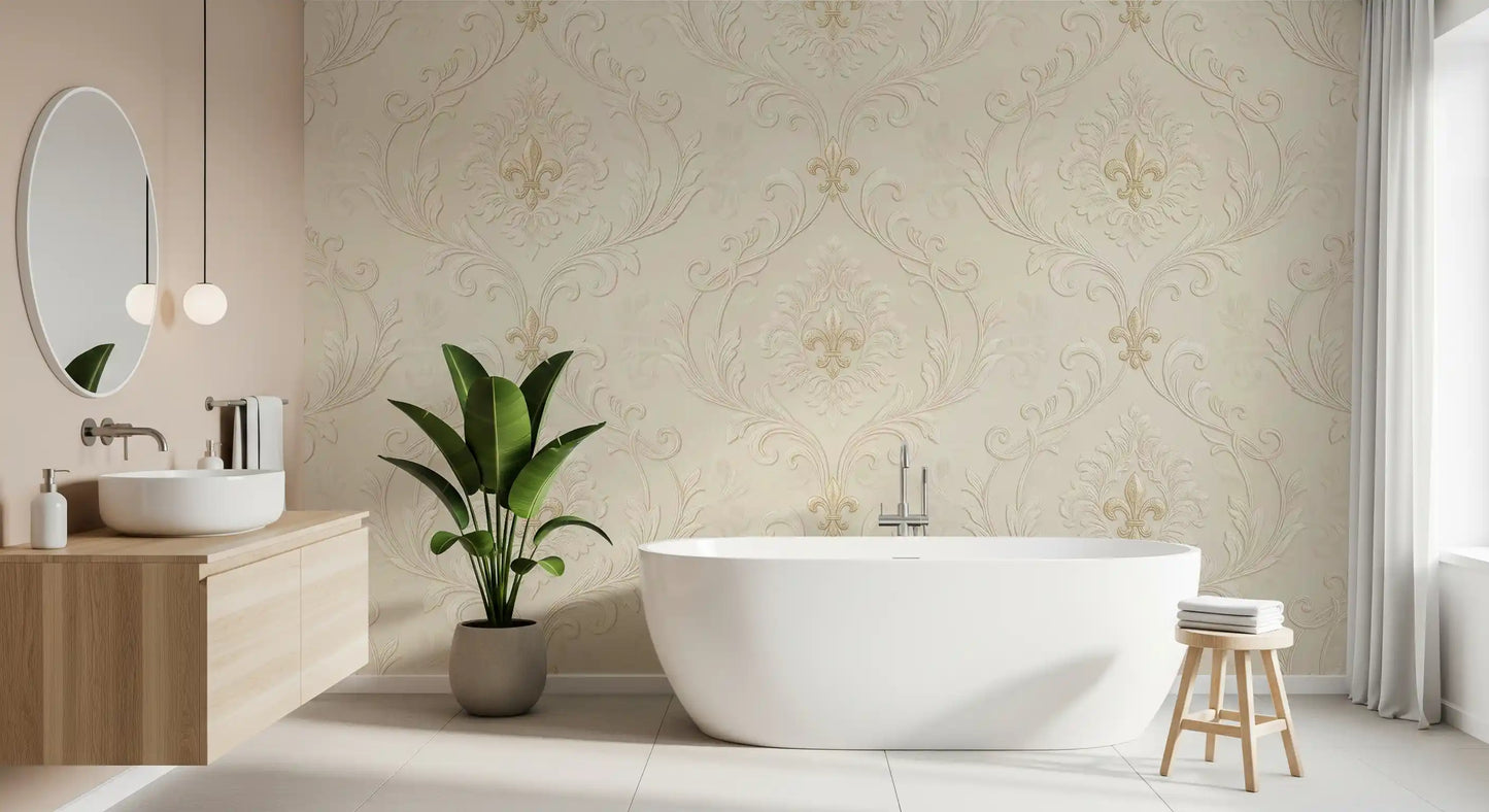 Ornate beige mural with floral scrollwork and vintage styling