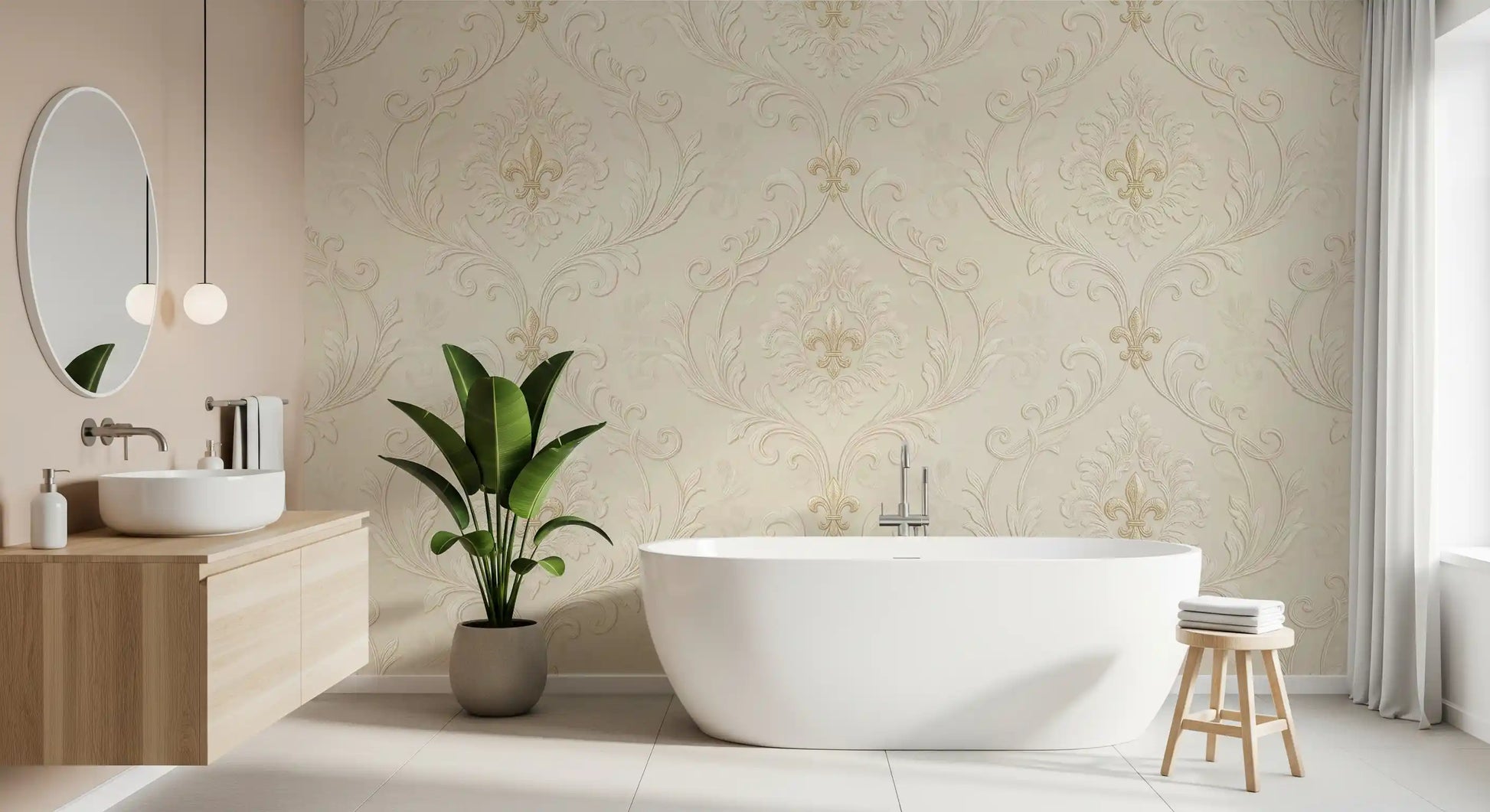 Ornate beige mural with floral scrollwork and vintage styling