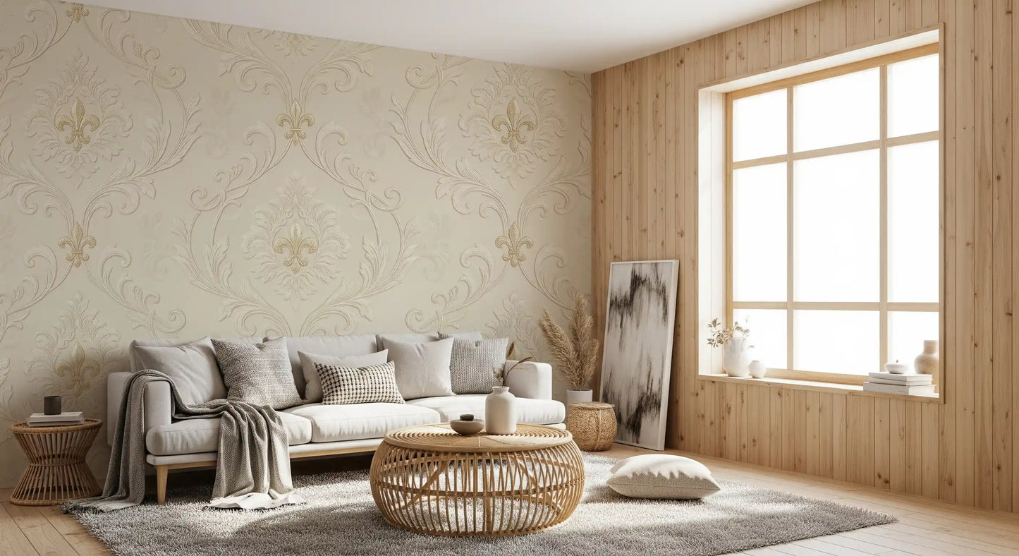 Hallway with beige damask wall mural and ornate pattern design