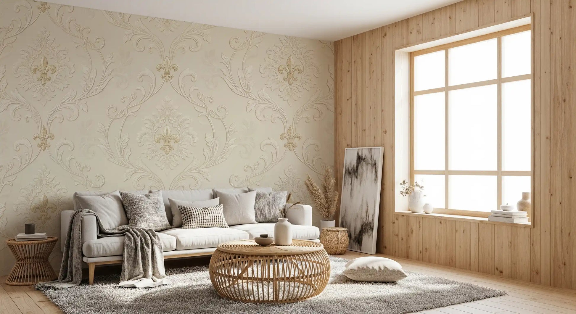 Hallway with beige damask wall mural and ornate pattern design