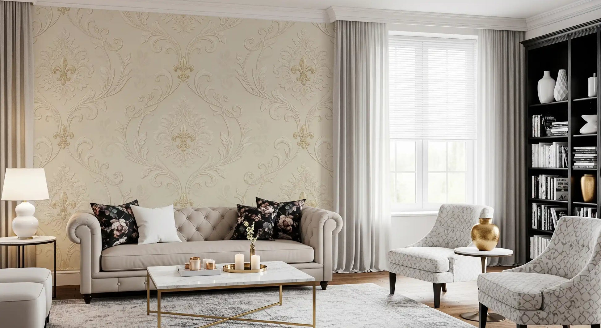 Living room showing Regal Scrollwork Elegance mural styling
