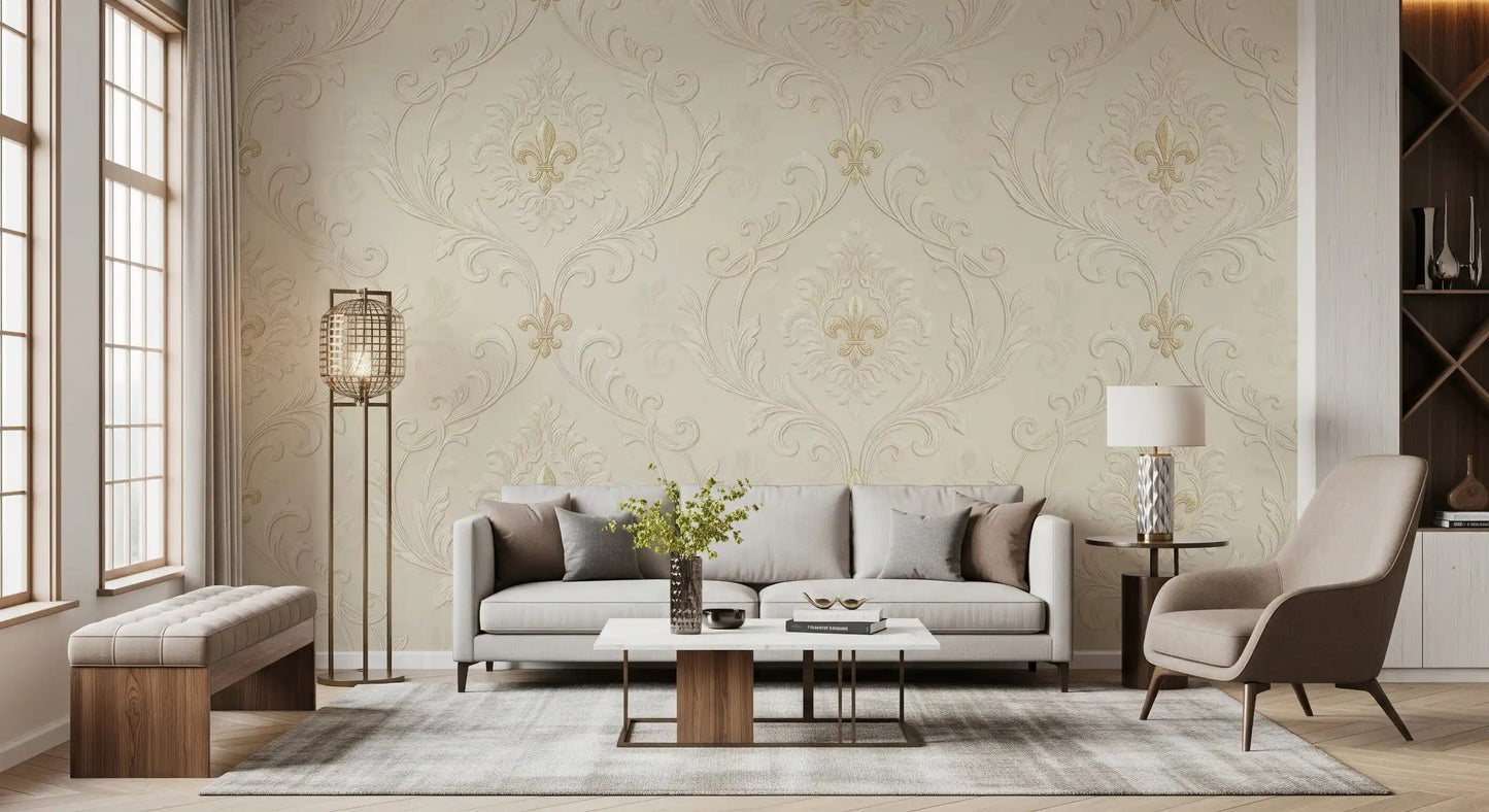 Classic damask mural with scroll lines and refined ornament pattern