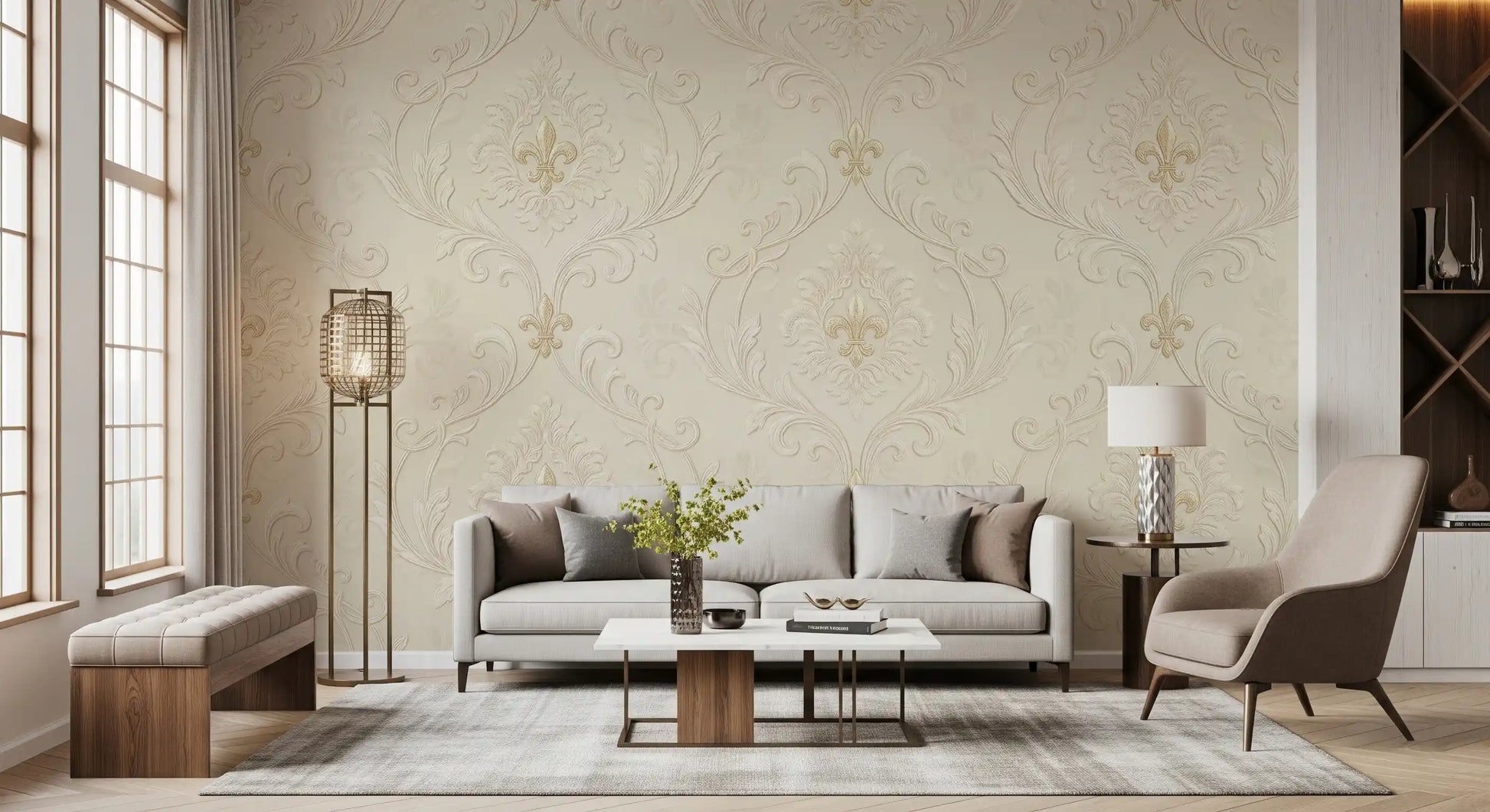 Classic damask mural with scroll lines and refined ornament pattern