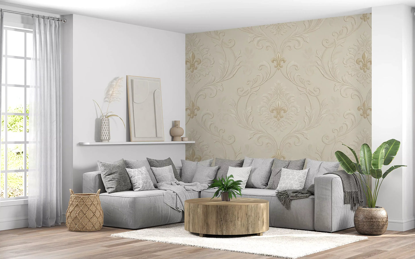 Elegant Regal wall mural with soft gold and beige detailing