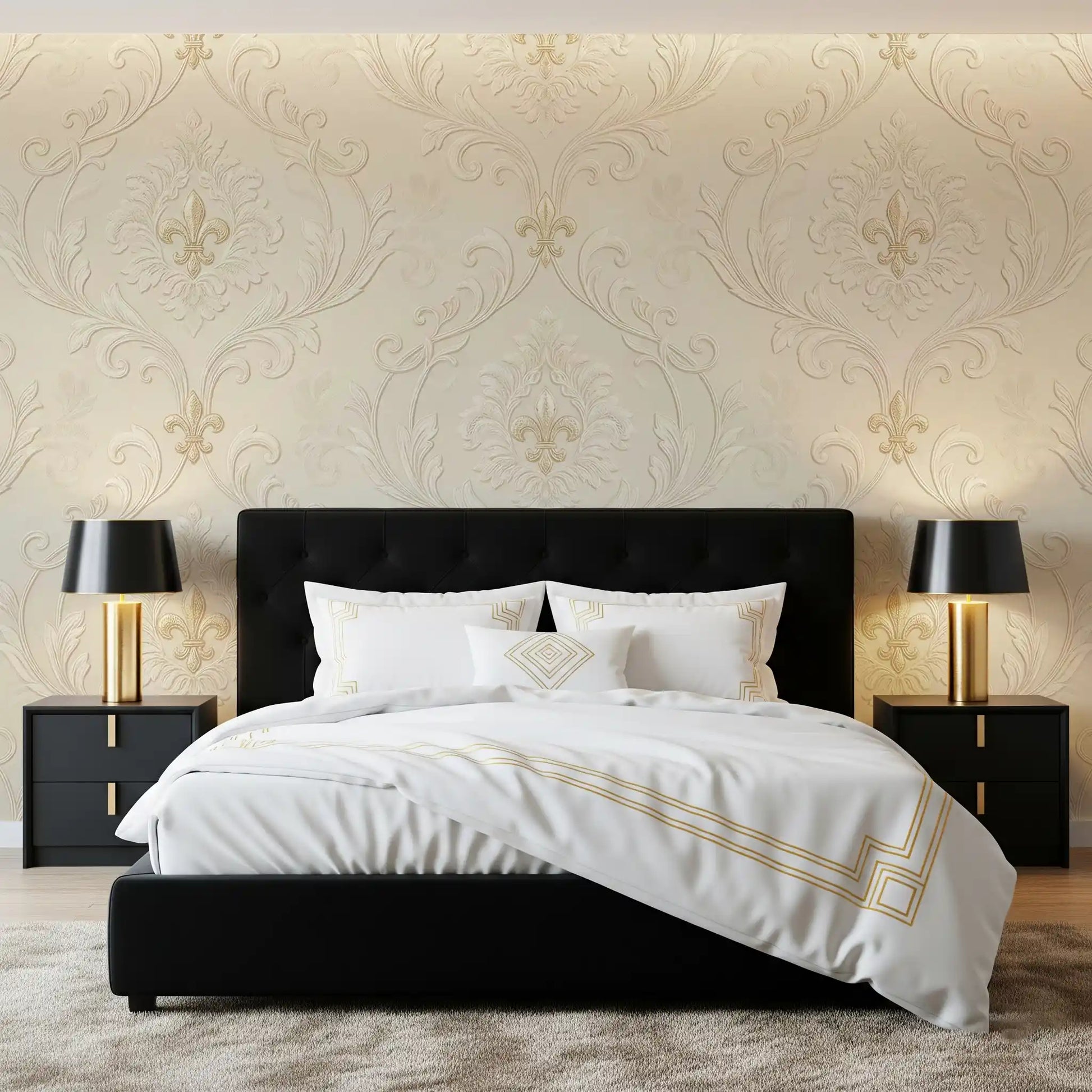 Bedroom wall using Regal scrollwork elegance mural pattern