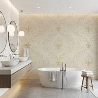 Bathroom with classic scrollwork wall mural in neutral beige