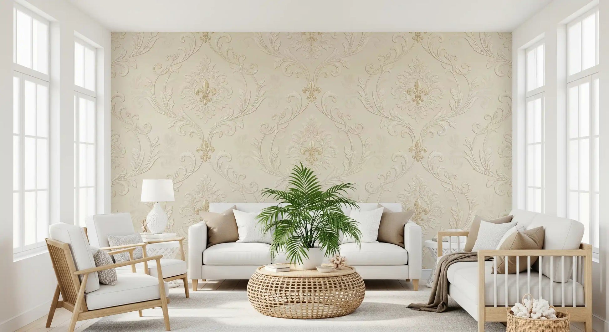 Decorative beige scrollwork mural with damask floral design