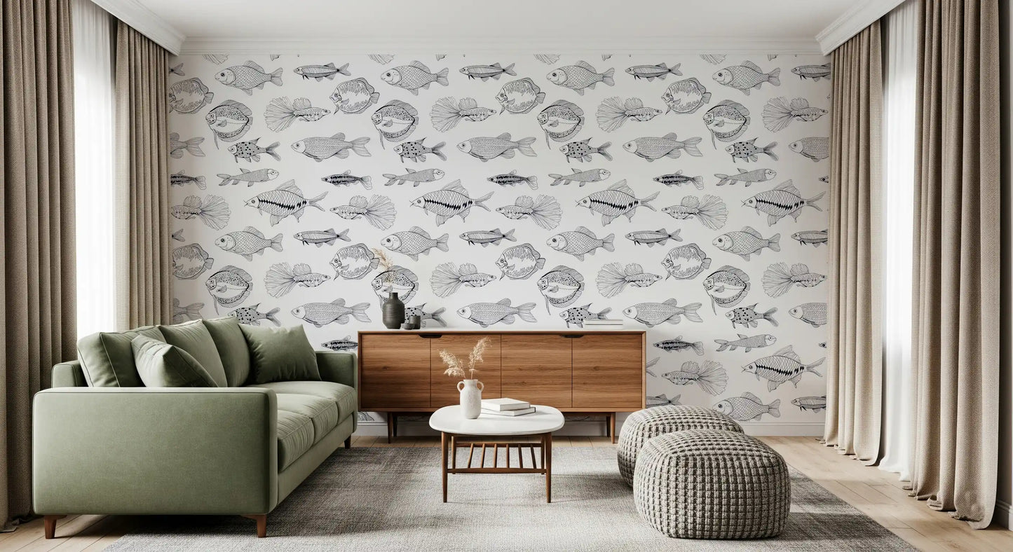 Fine black linework gives this Fish Wallpaper a clean ocean-inspired surface