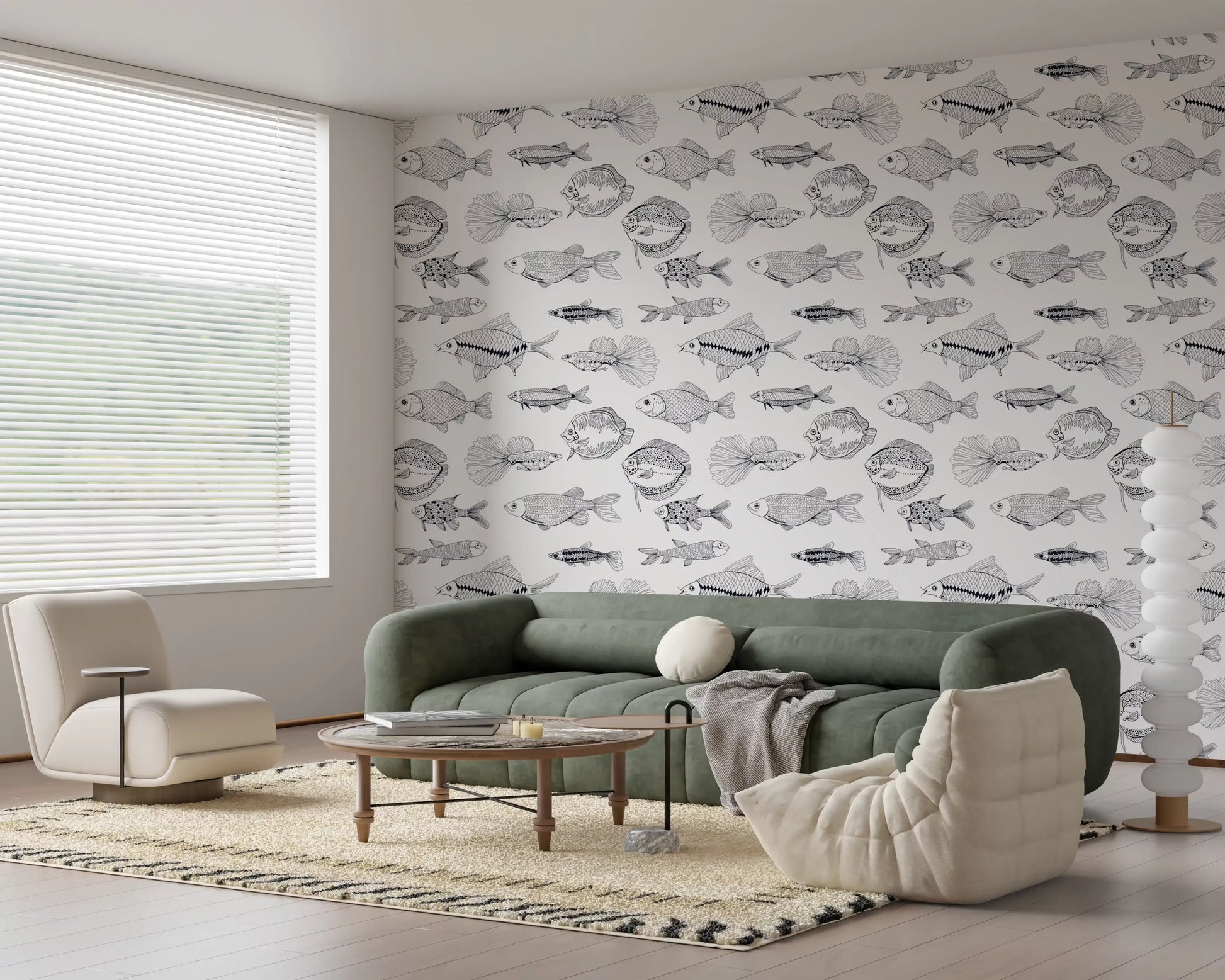 Home office styled with Fish Line Art Wallpaper in clean monochrome patterning