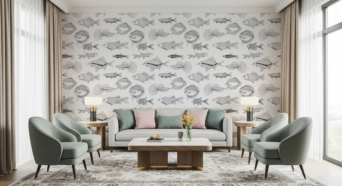Black White Fish Line Wallpaper with Nautical Detail
