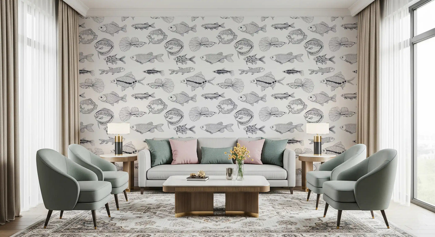 Living room featuring Nautical Pattern Wallpaper with hand-drawn fish outlines