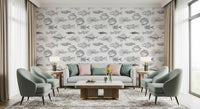 Living room featuring Nautical Pattern Wallpaper with hand-drawn fish outlines