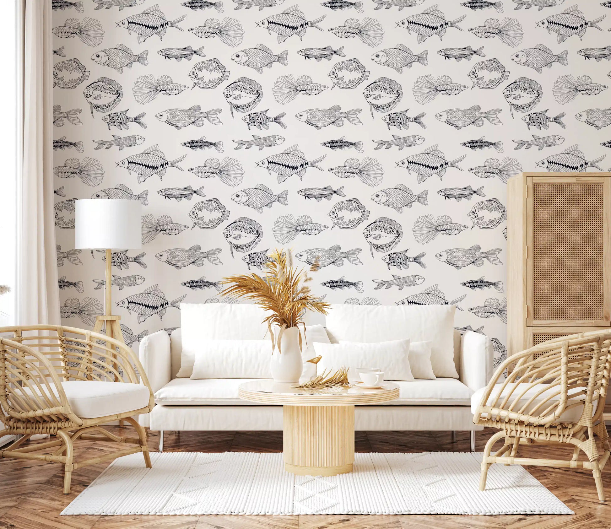 Graphic fish outlines create a modern Black and White Wallpaper pattern