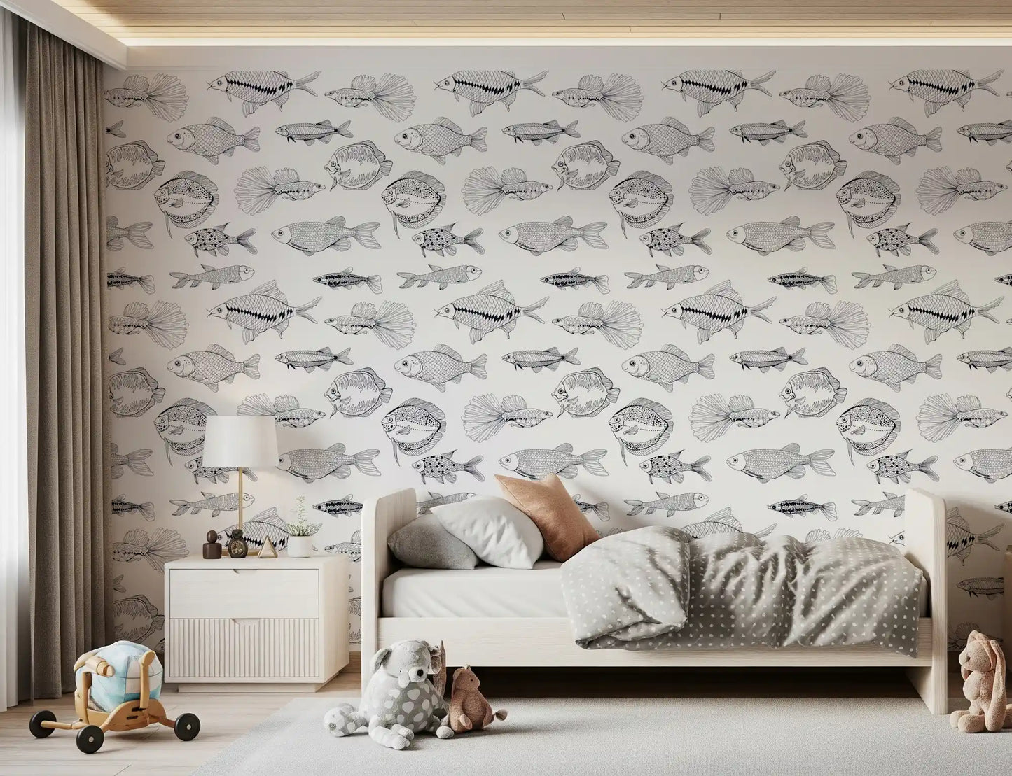 Monochrome Nautical Wallpaper with fish drawings arranged in airy spacing