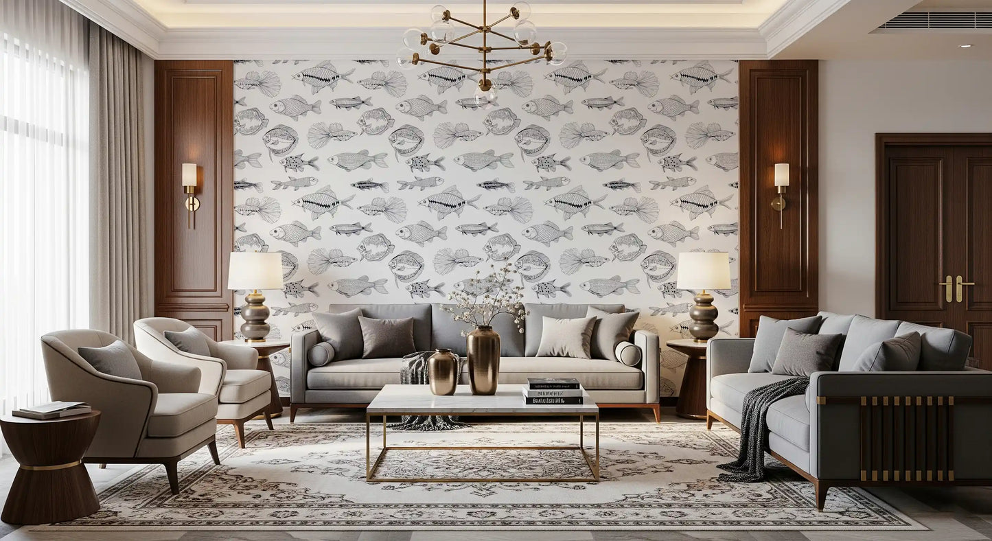 Living room finished in Hand-Drawn Fish Wallpaper with airy white spacing