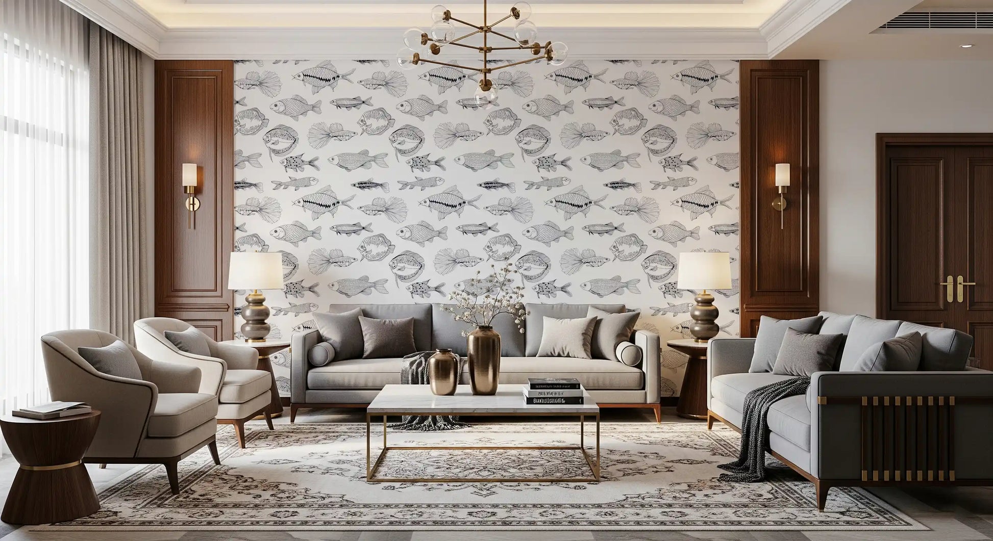 Living room finished in Hand-Drawn Fish Wallpaper with airy white spacing