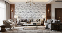 Living room finished in Hand-Drawn Fish Wallpaper with airy white spacing