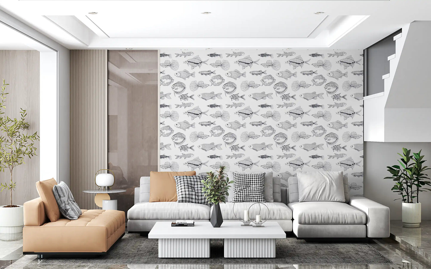Fish Sketch Wallpaper with marine artwork and detailed monochrome movement