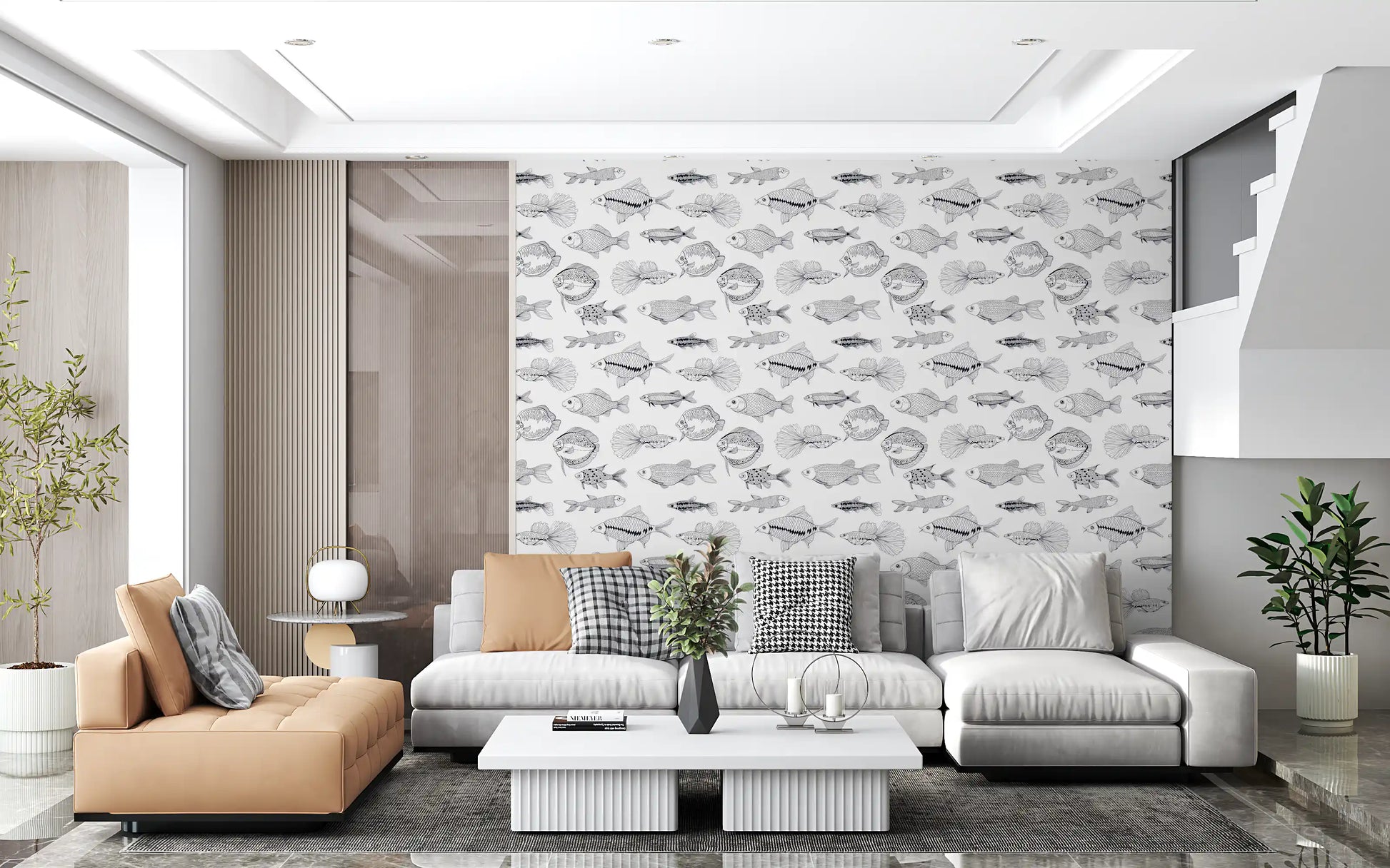 Fish Sketch Wallpaper with marine artwork and detailed monochrome movement