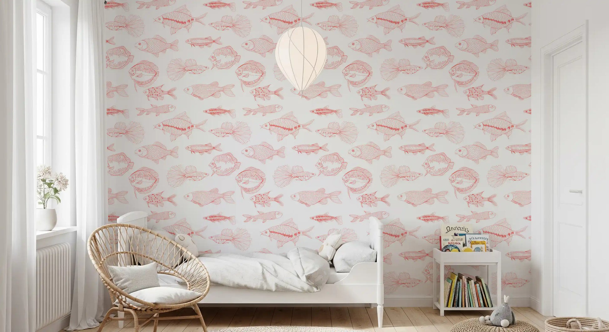 Coral White Wallpaper brings hand-drawn fish outlines to a bedroom wall