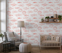 Fine fish sketches define this coral line art wallpaper with a coastal feel