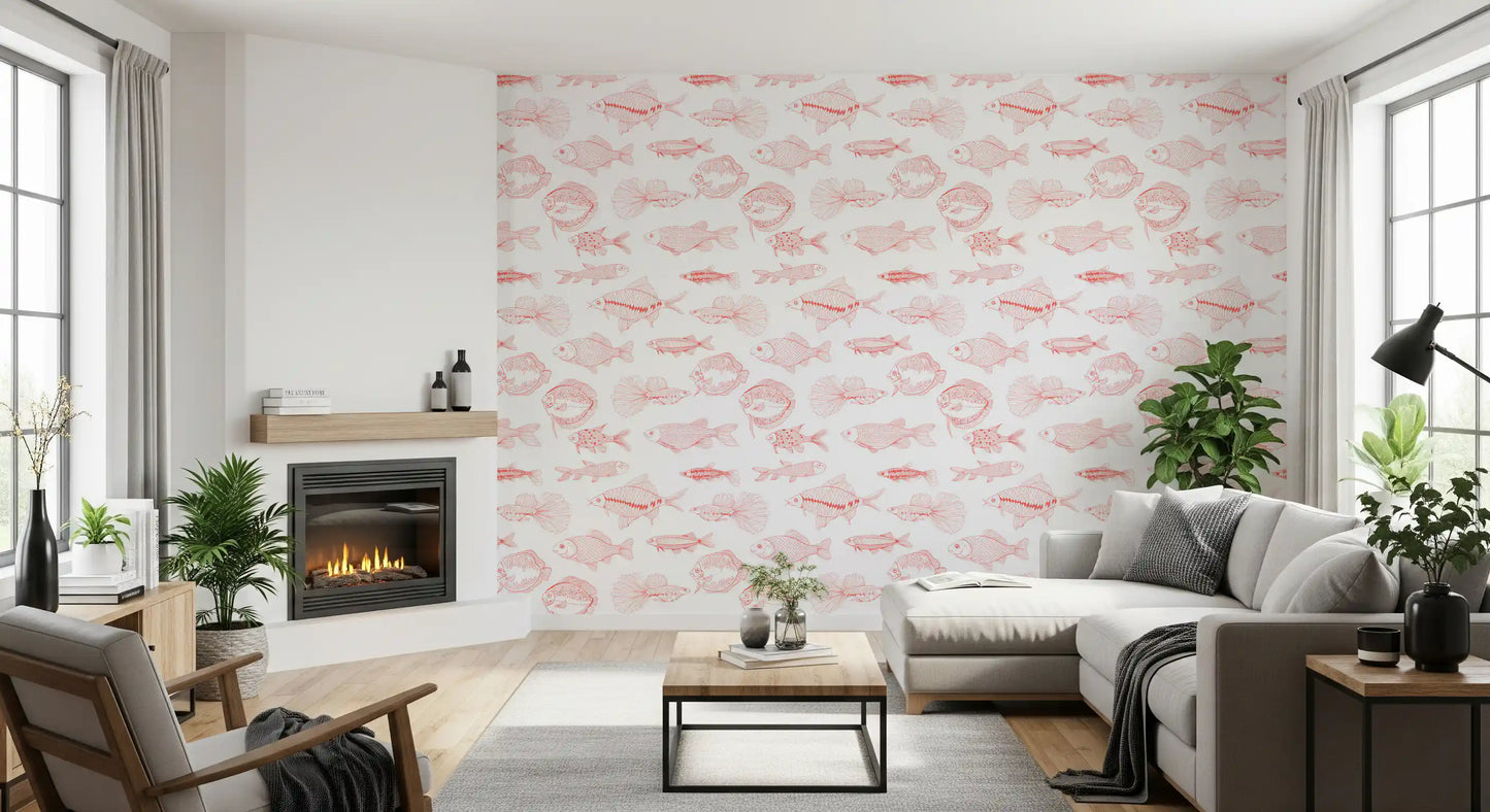 Hallway styled in Nautical Pattern Wallpaper with fine coral fish sketches