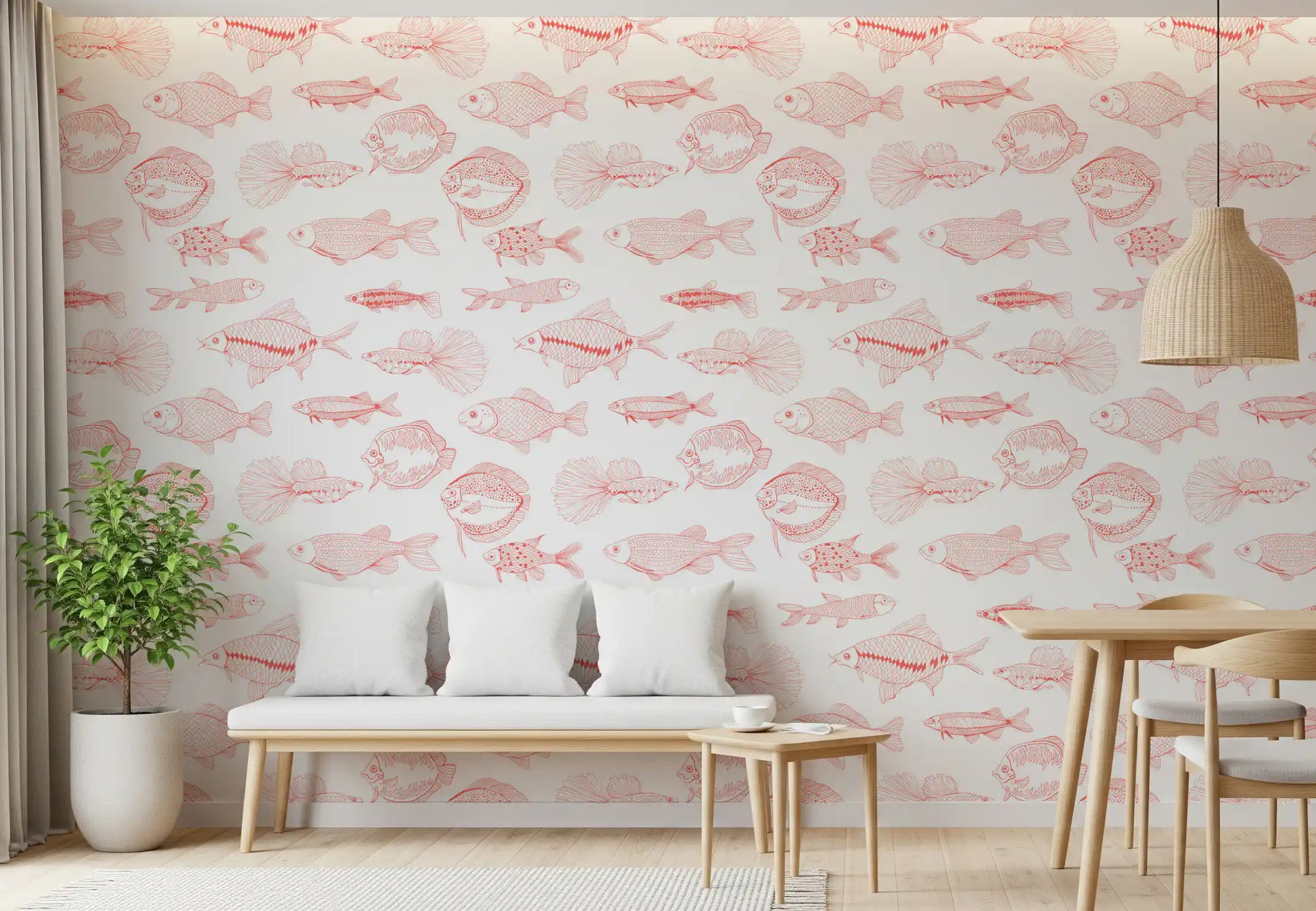 A dining room featuring Hand-Drawn Fish Wallpaper on a clean white base