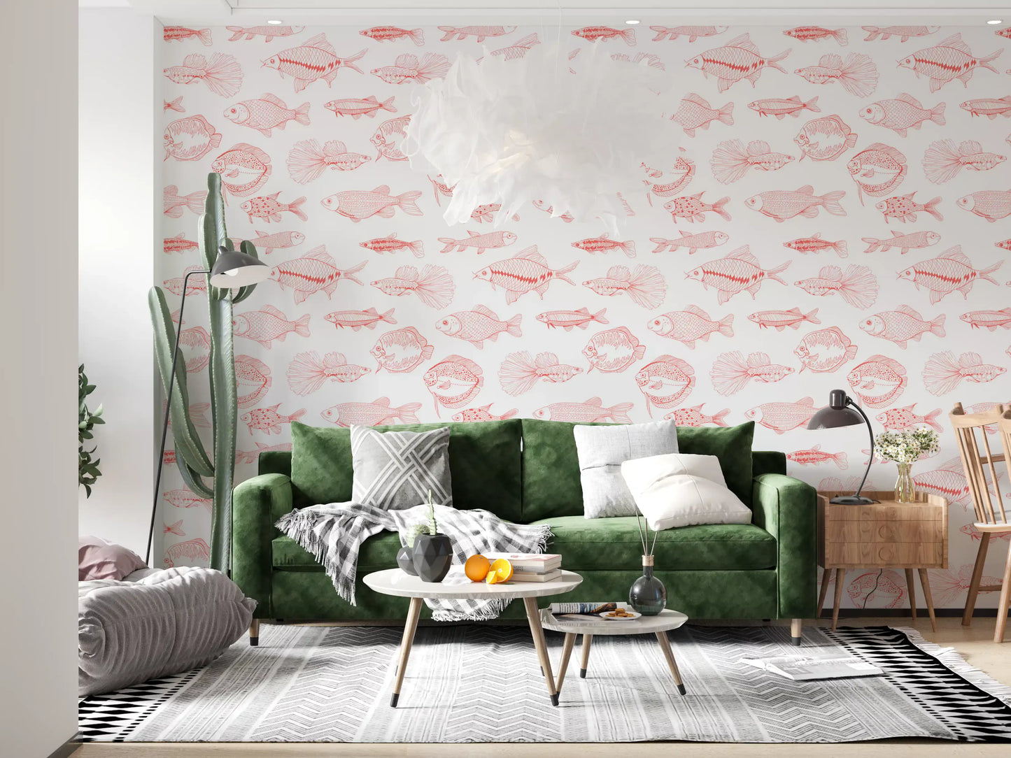 White nautical wallpaper detailed with hand-drawn fish in soft coral lines