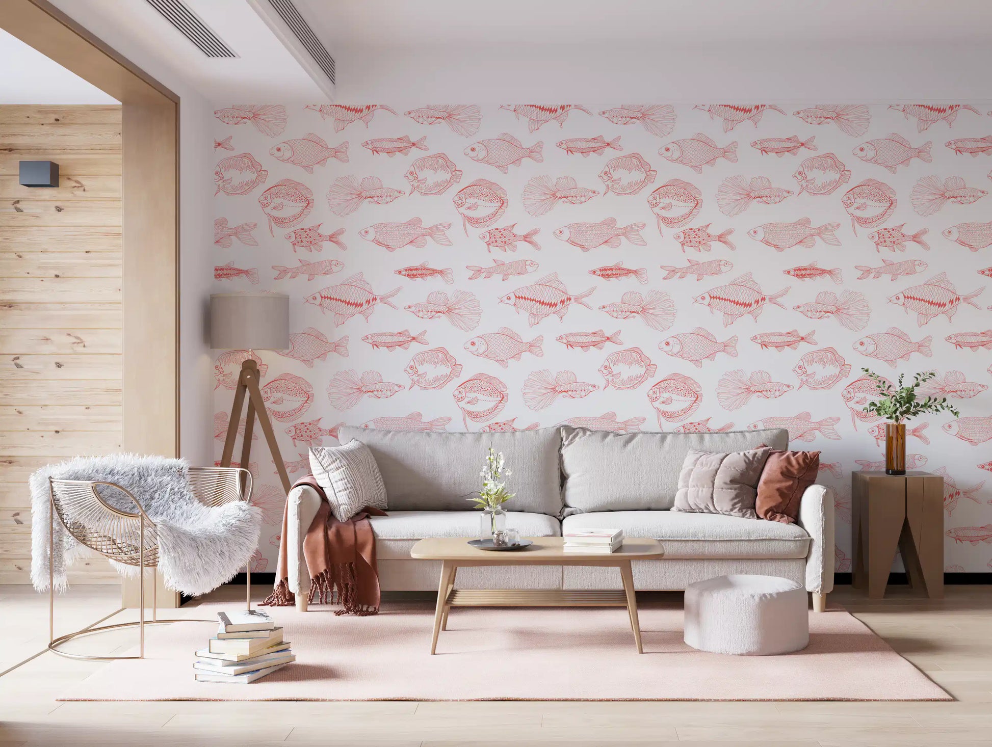 Living room finished with Coral Fish Wallpaper and airy line art pattern