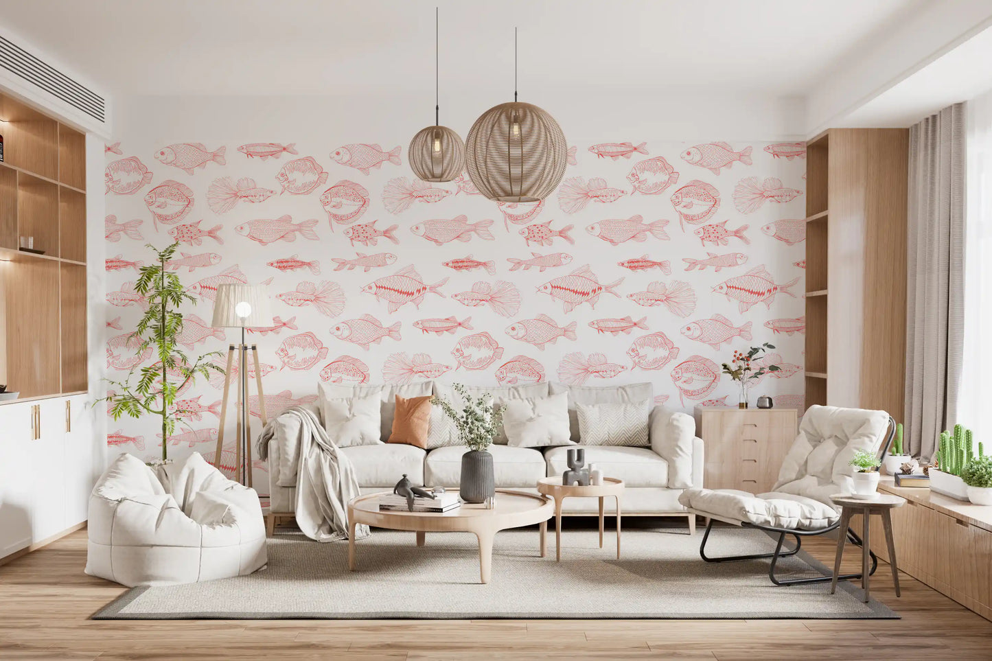 Modern nautical wallpaper with coral fish drawings across a white background