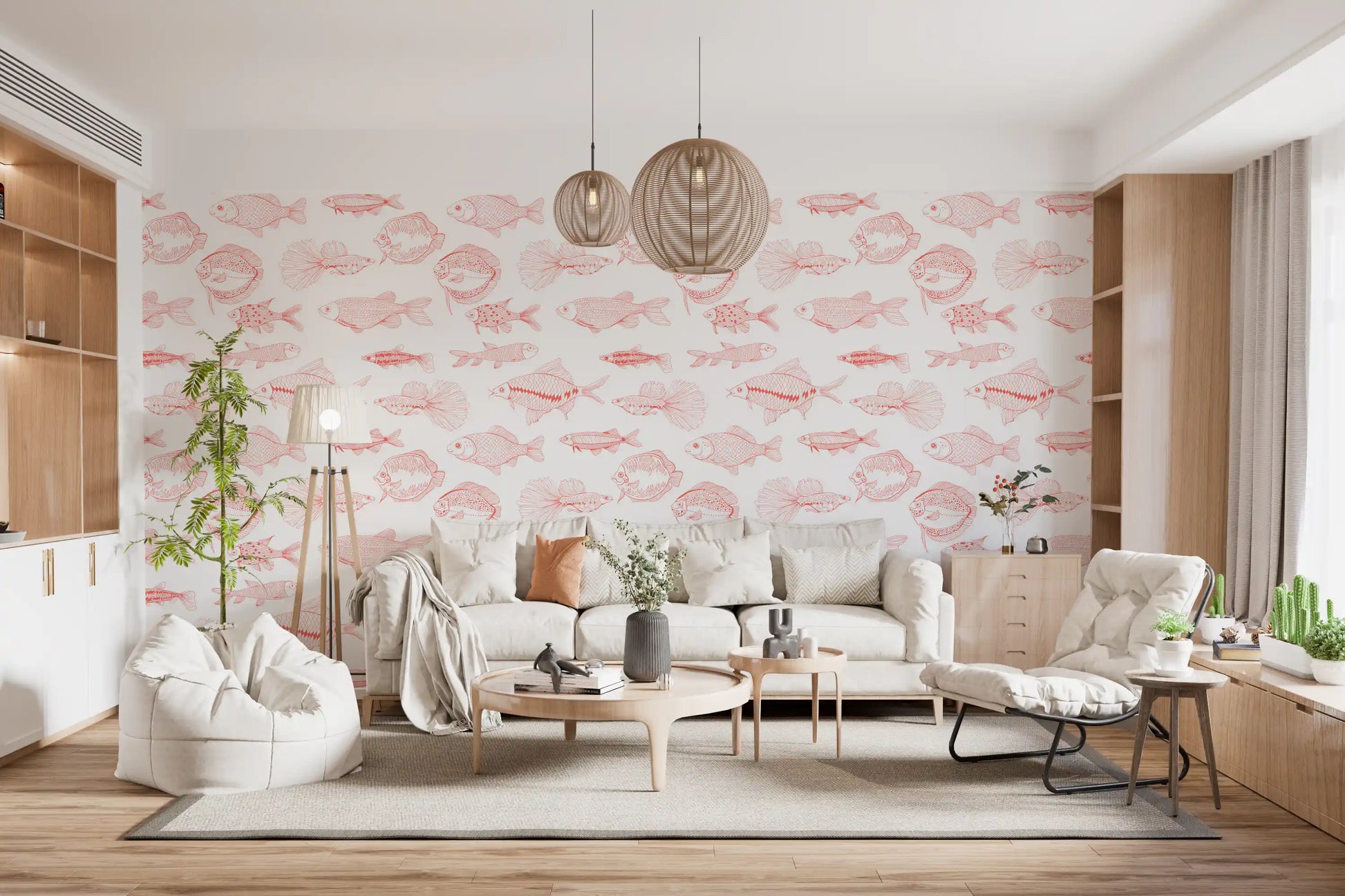 Modern nautical wallpaper with coral fish drawings across a white background