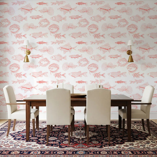 Dining room with Fish Line Art Wallpaper in coral and white nautical detail