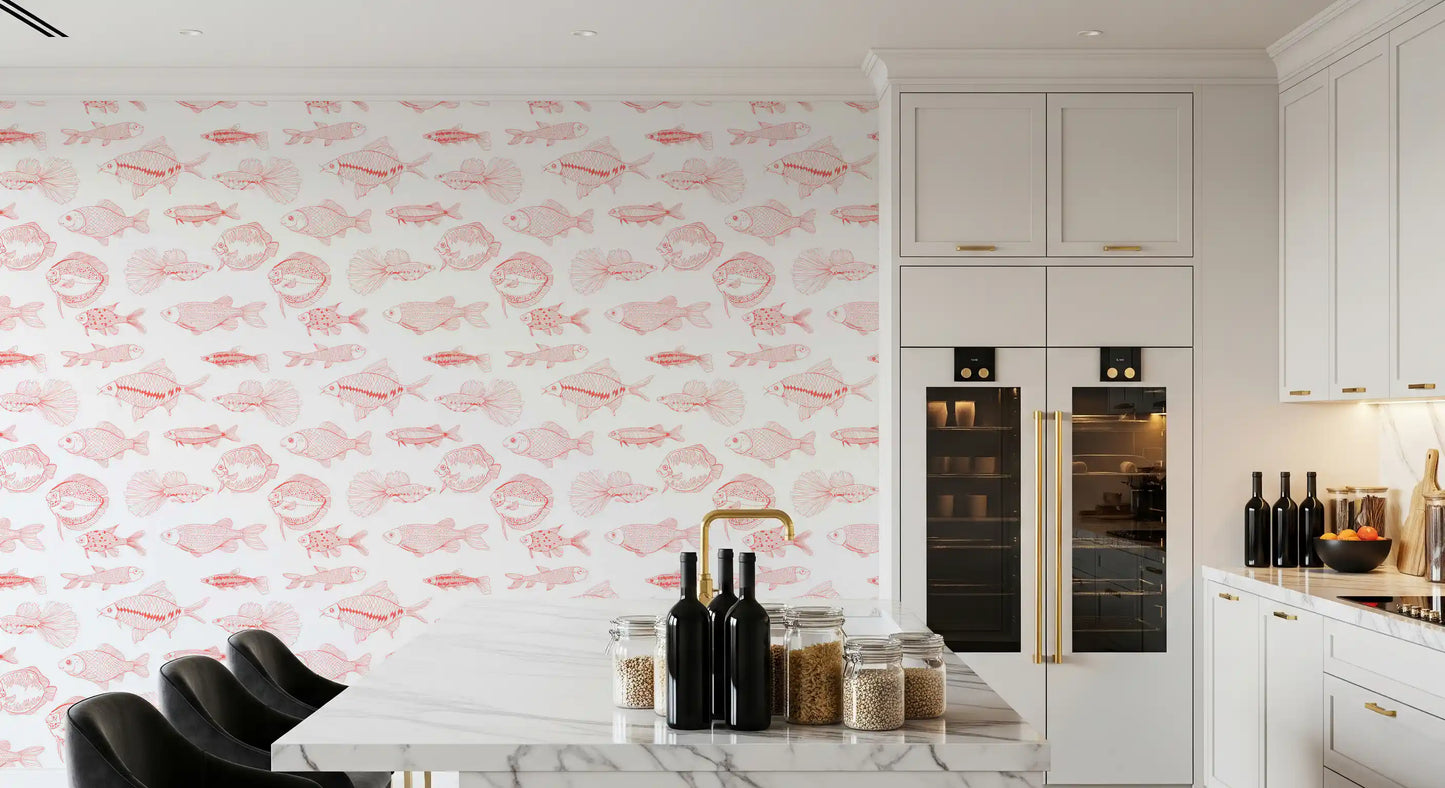 Coral nautical wallpaper with illustrated fish adds a light coastal pattern