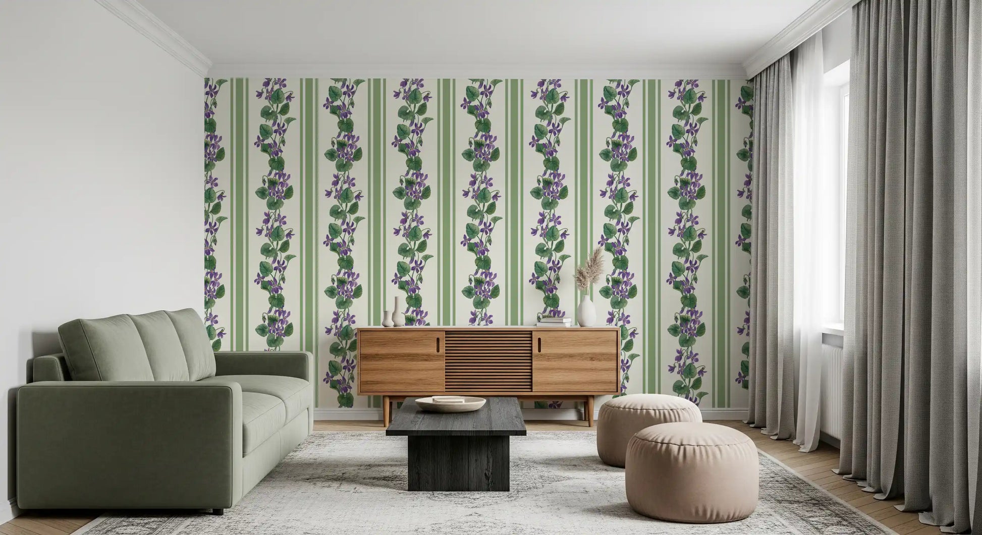 Hallway wall featuring Green Violet Wallpaper and trailing violet stems