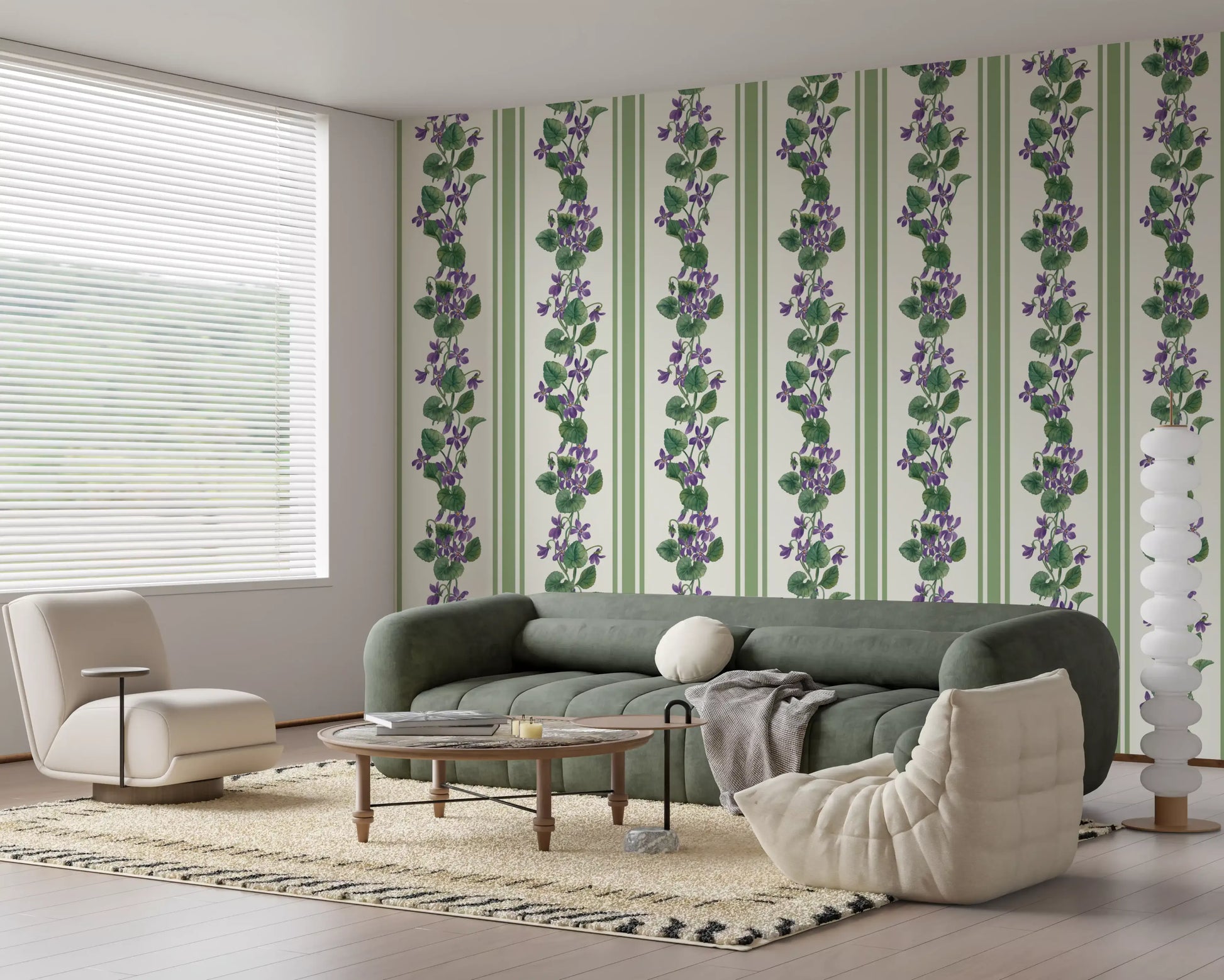 Vertical stripes and violets wallpaper in green and soft purple shades