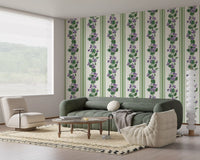 Vertical stripes and violets wallpaper in green and soft purple shades
