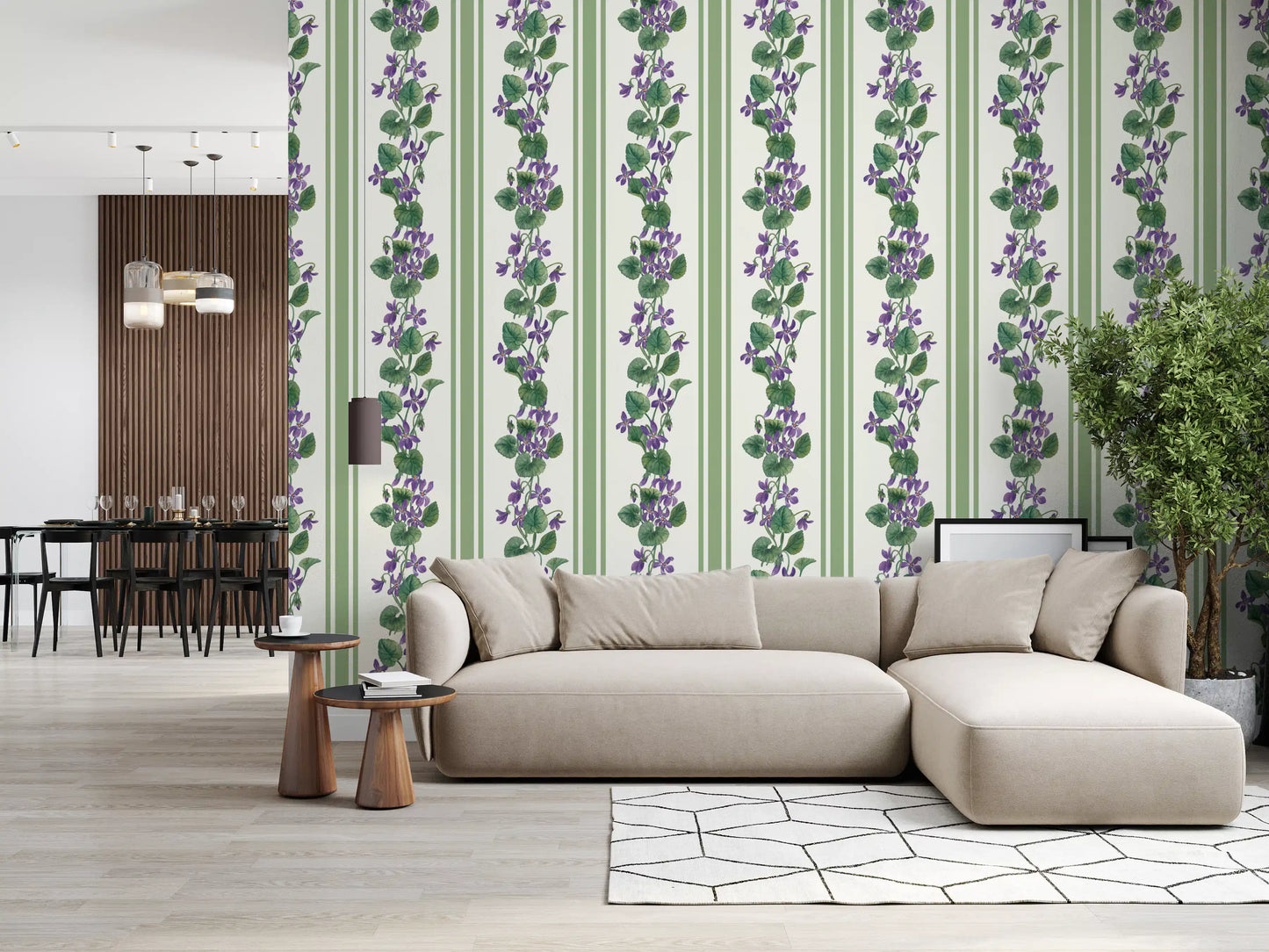 Green striped wallpaper accented by violets and botanical vine artwork