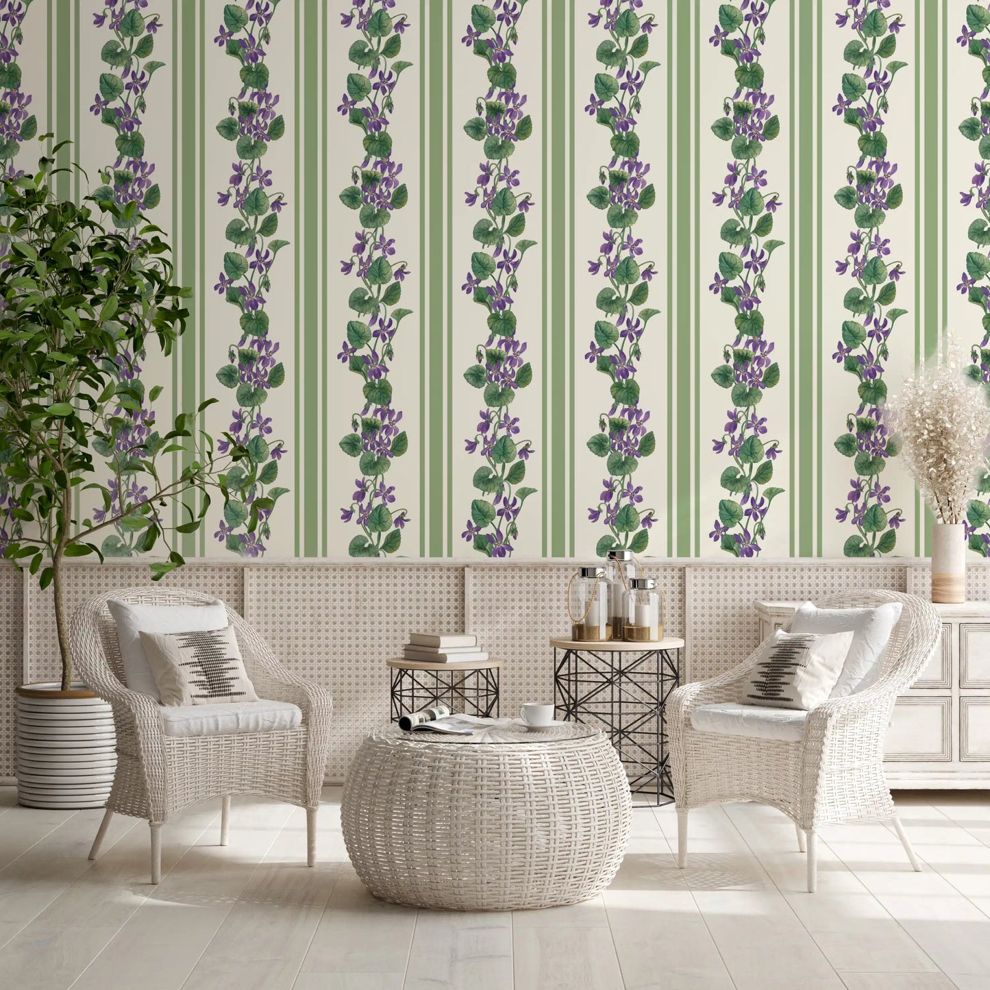 Cafe area finished with Violets Stripe Wallpaper in soft green tones