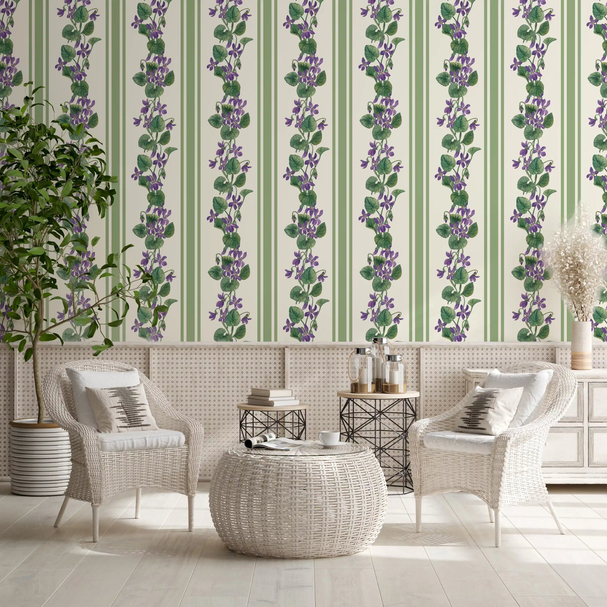 Cafe area finished with Violets Stripe Wallpaper in soft green tones