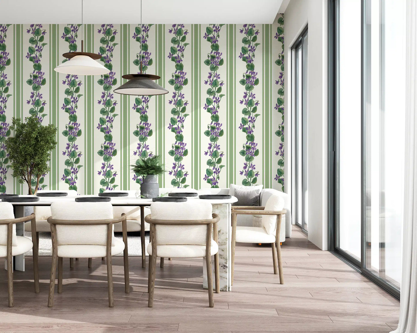 Dining room showing Stripes and Violets Wallpaper with leafy floral detail