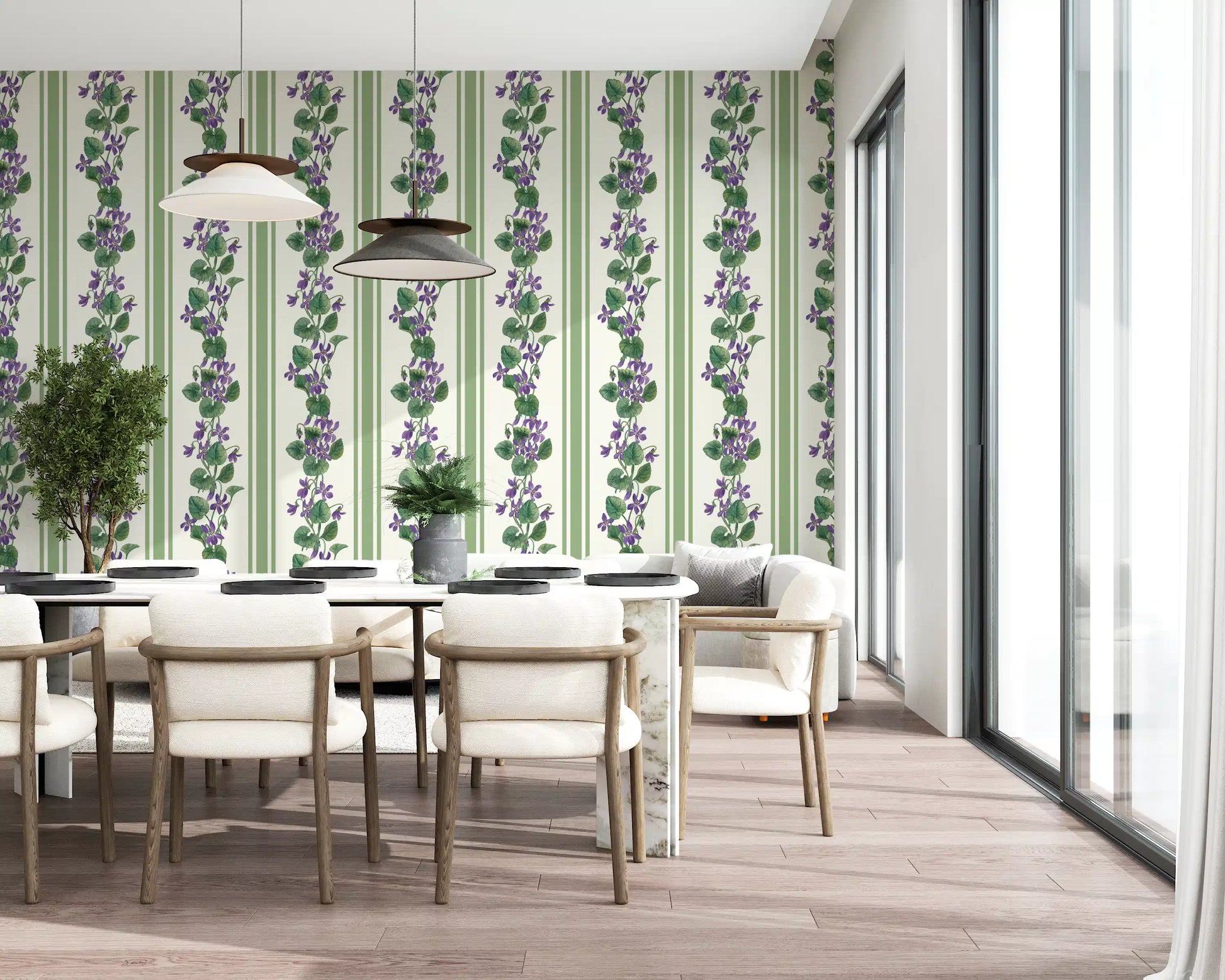 Dining room showing Stripes and Violets Wallpaper with leafy floral detail