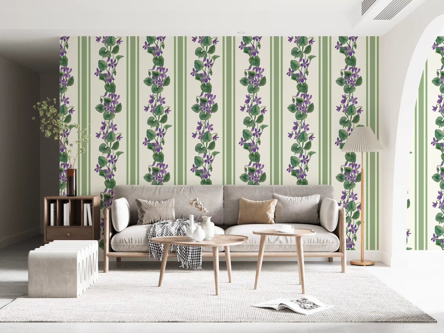 Stripes Violets Wallpaper displaying green bands and climbing flowers